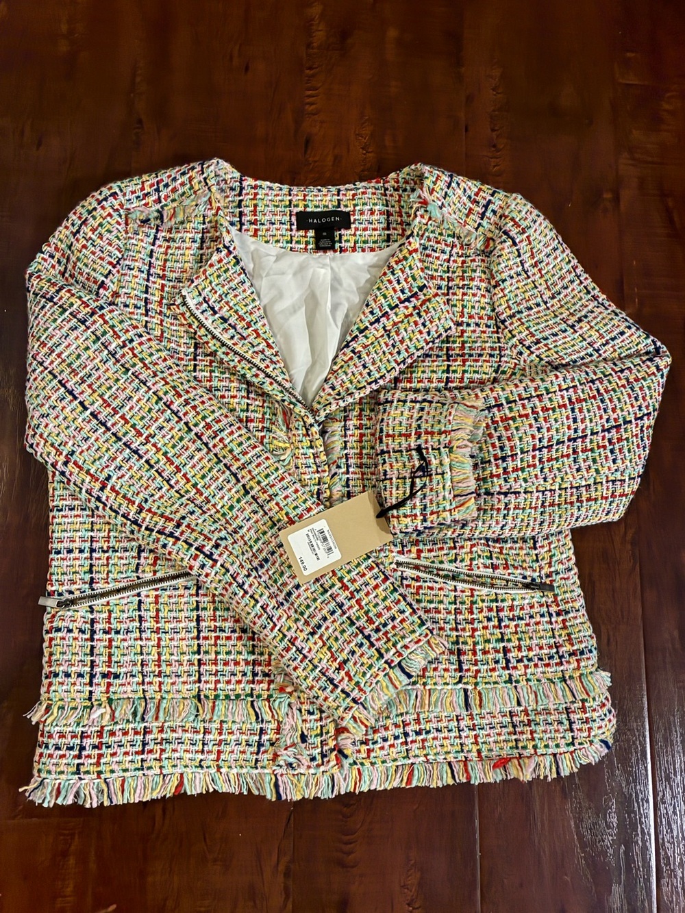 Halogen Multicolor Tweed Fringe Jacket